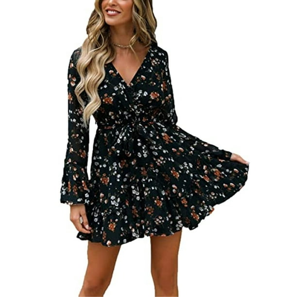 Summer Dresses for Women Chiffon Ruffle Short Sleeve Floral Print Party Mini Dress with Belt 